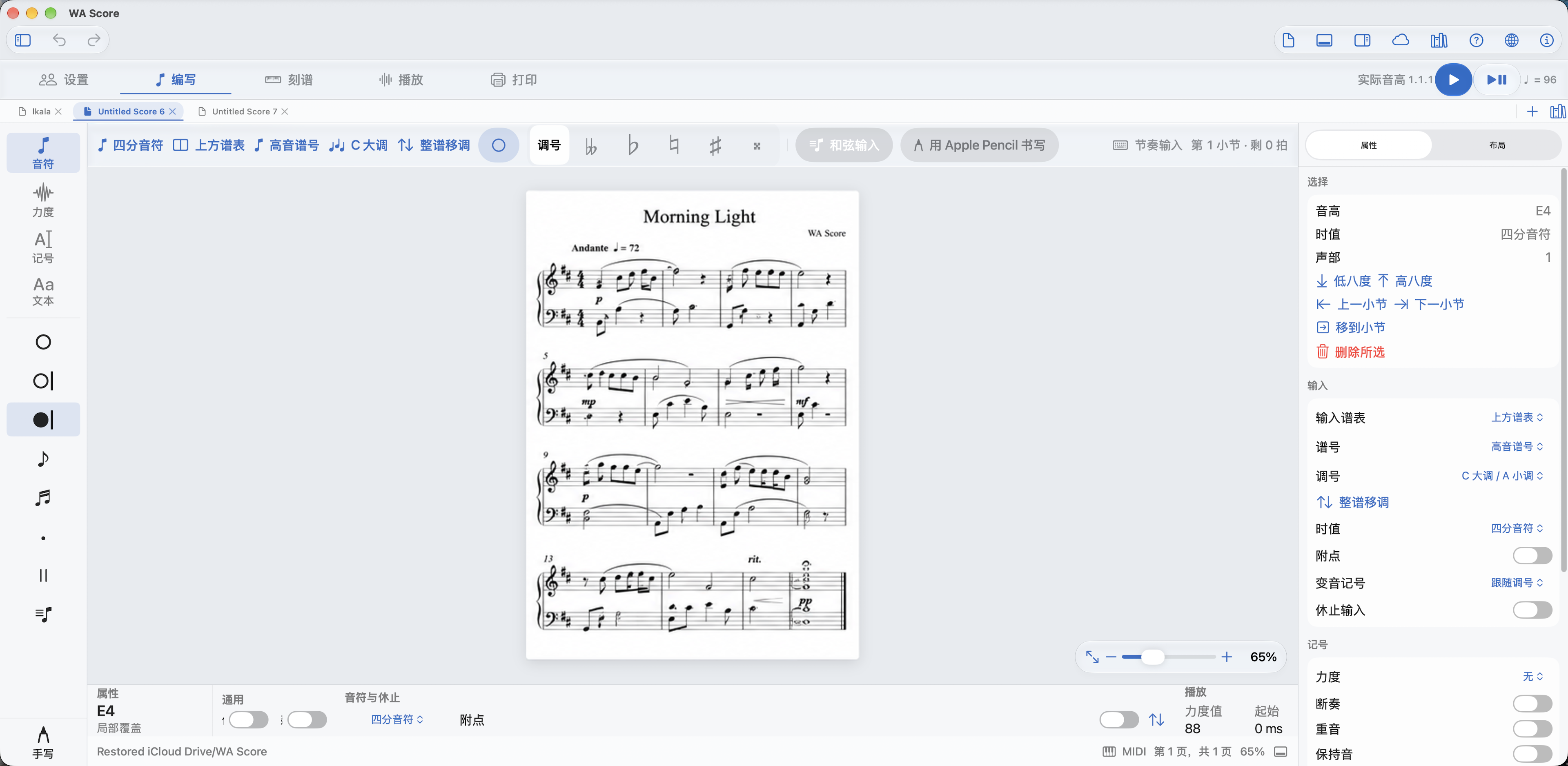 WA Score real Mac interface showing a piano score in the Write workspace
